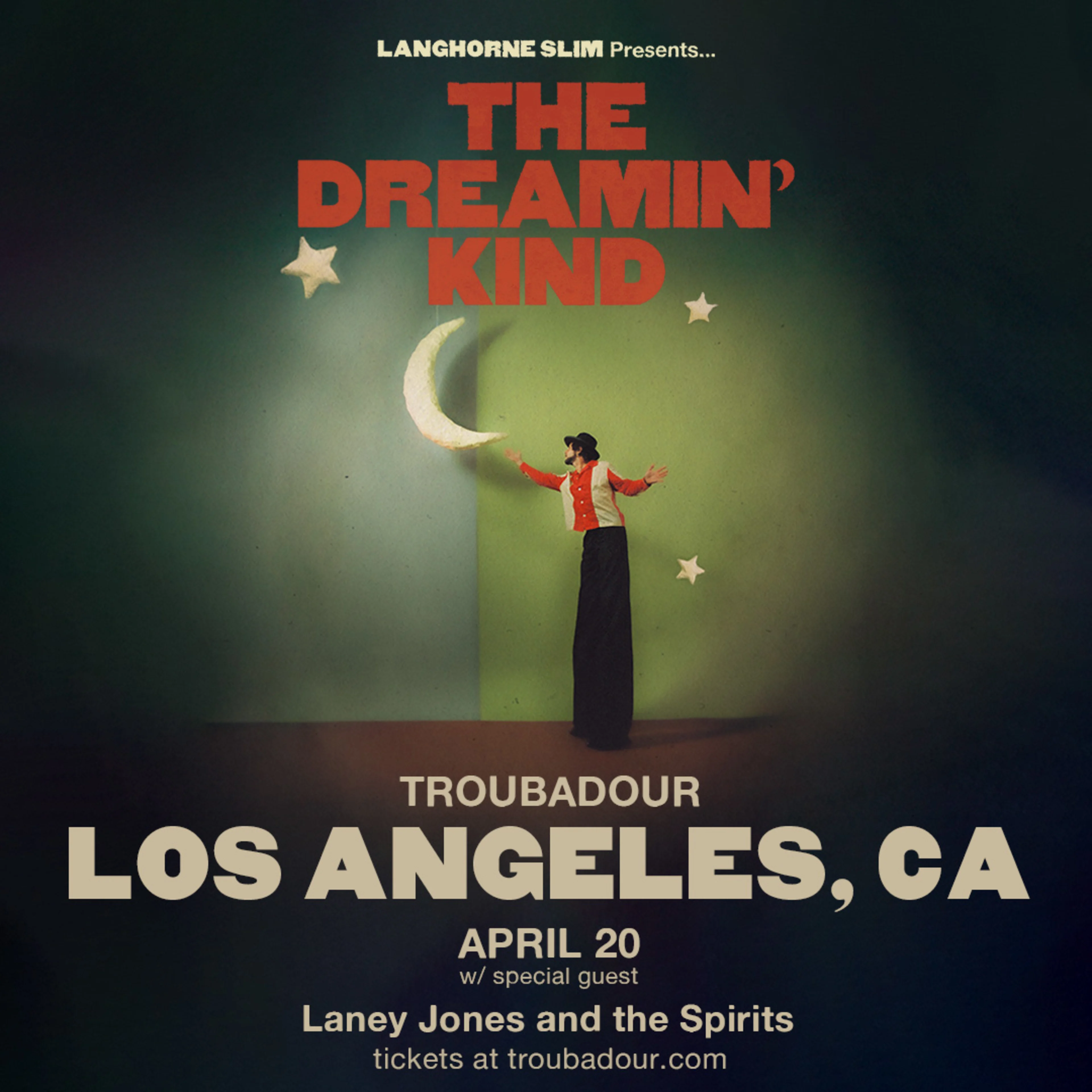 Langhorne Slim concert poster for "The Dreamin' Kind" at Troubadour in Los Angeles on April 20, featuring whimsical moon imagery.