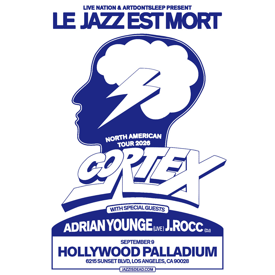 Blue and white concert poster for Cortex's Le Jazz Est Mort North American Tour 2026 at Hollywood Palladium on September 9.