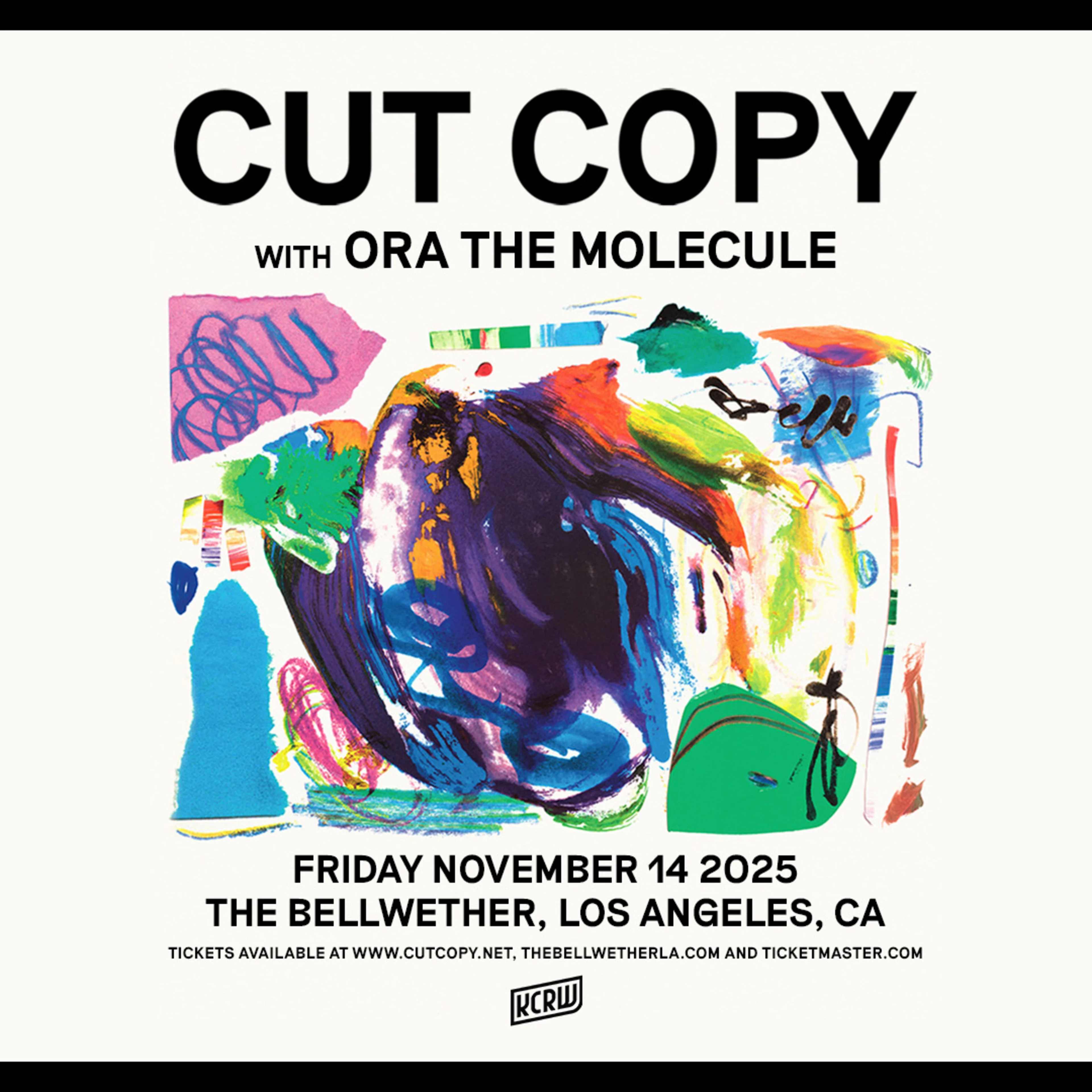 Colorful abstract concert poster for Cut Copy with Ora The Molecule at The Bellwether in Los Angeles on November 14, 2025.