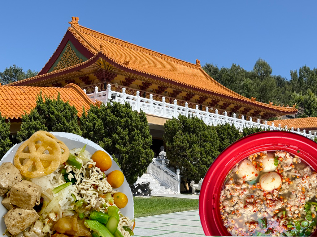 Two dishes of Asian food in the foreground with a traditional Chinese temple featuring an orange tiled roof behind.