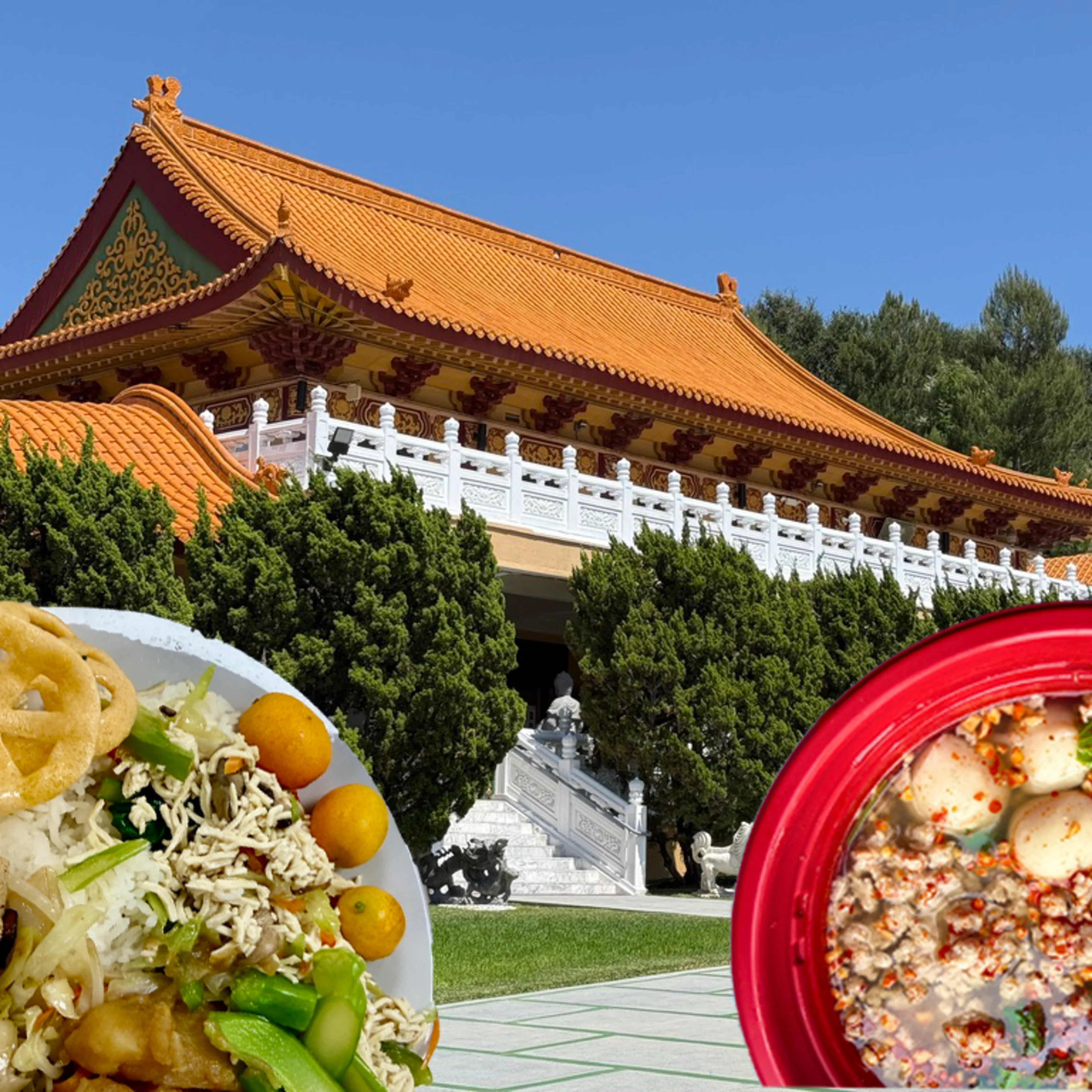 Two dishes of Asian food in the foreground with a traditional Chinese temple featuring an orange tiled roof behind.