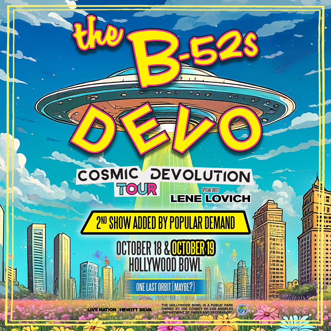 Promotional image for DEVO's Cosmic De-Evolution Tour with The B-52s and special guest Lene Lovich happening on Saturday, October 18, 2025 at the Hollywood Bowl.