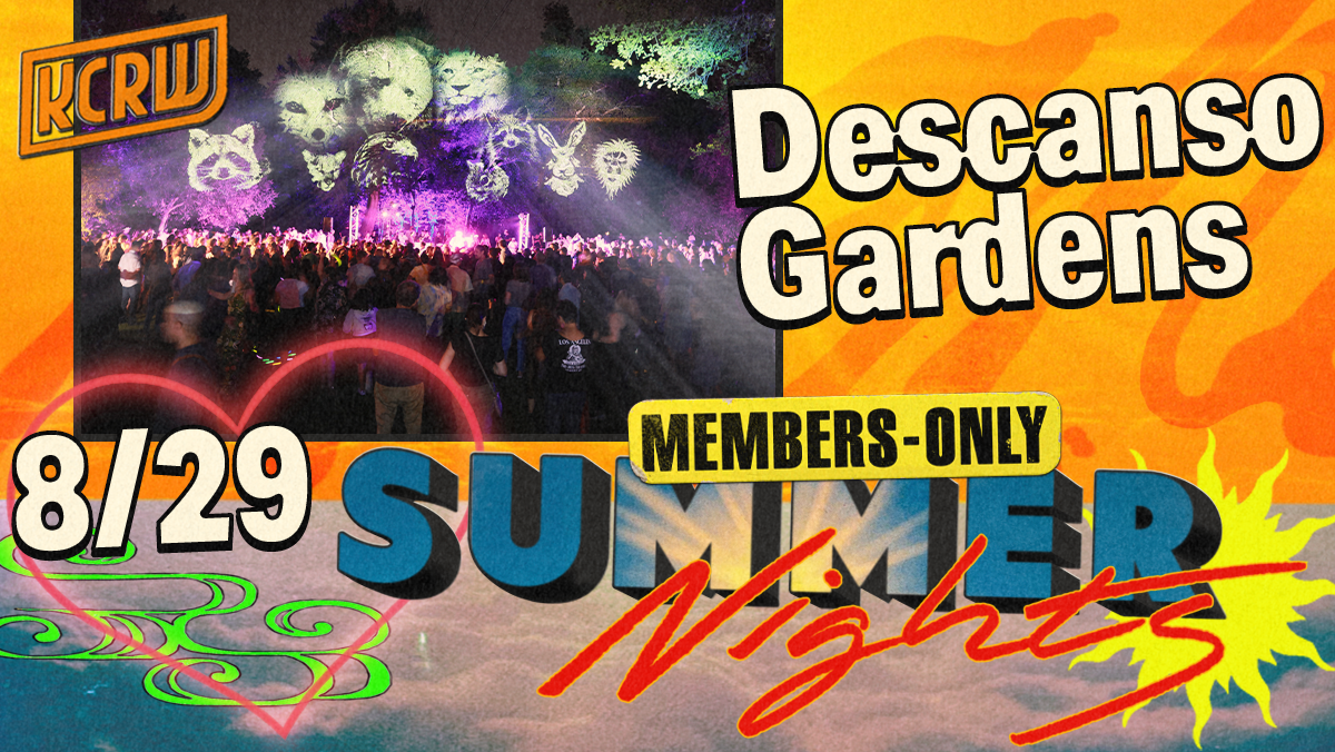 KCRW Descanso Gardens members-only Summer Nights event on 8/29, featuring light projections of animal faces above a crowd.