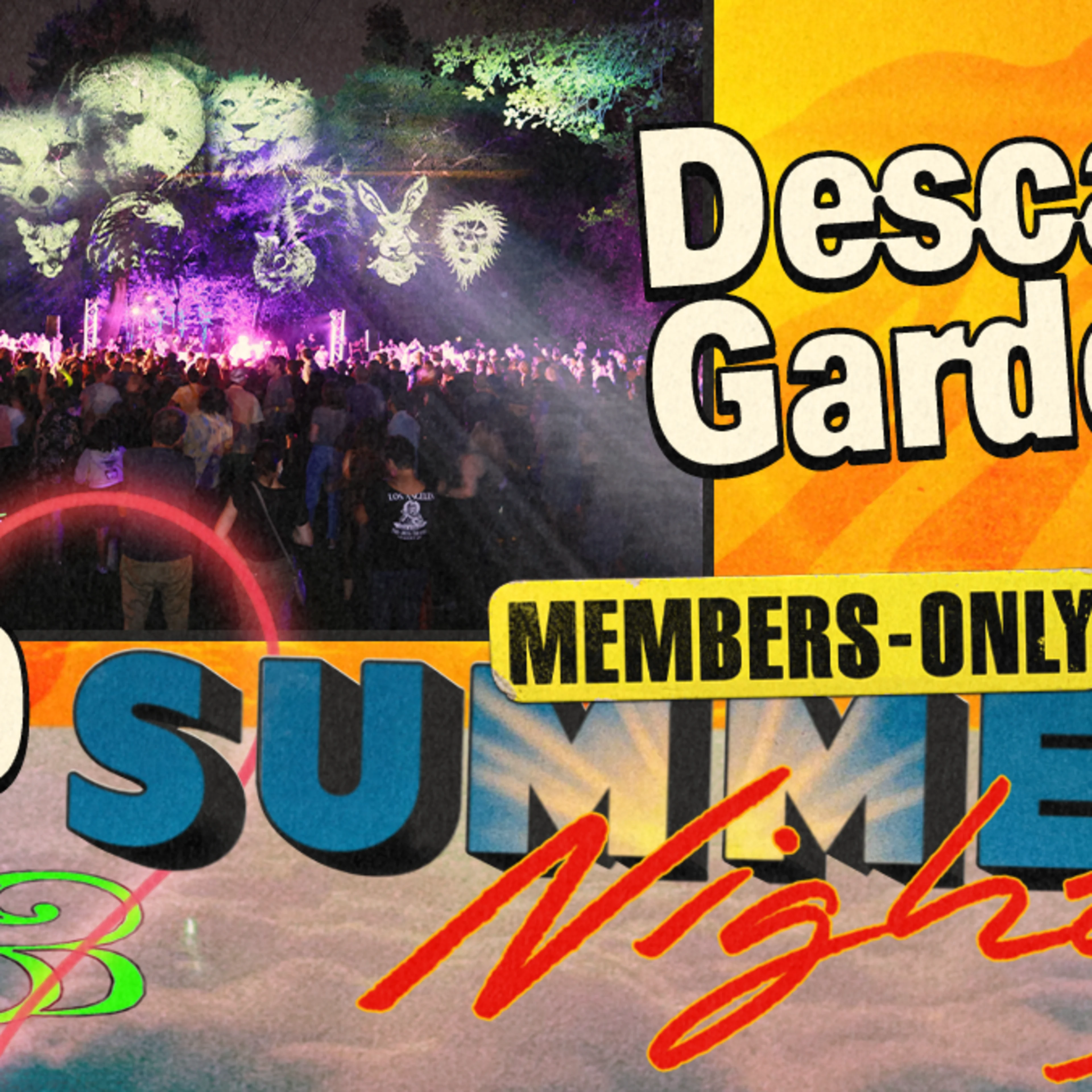 KCRW Descanso Gardens members-only Summer Nights event on 8/29, featuring light projections of animal faces above a crowd.