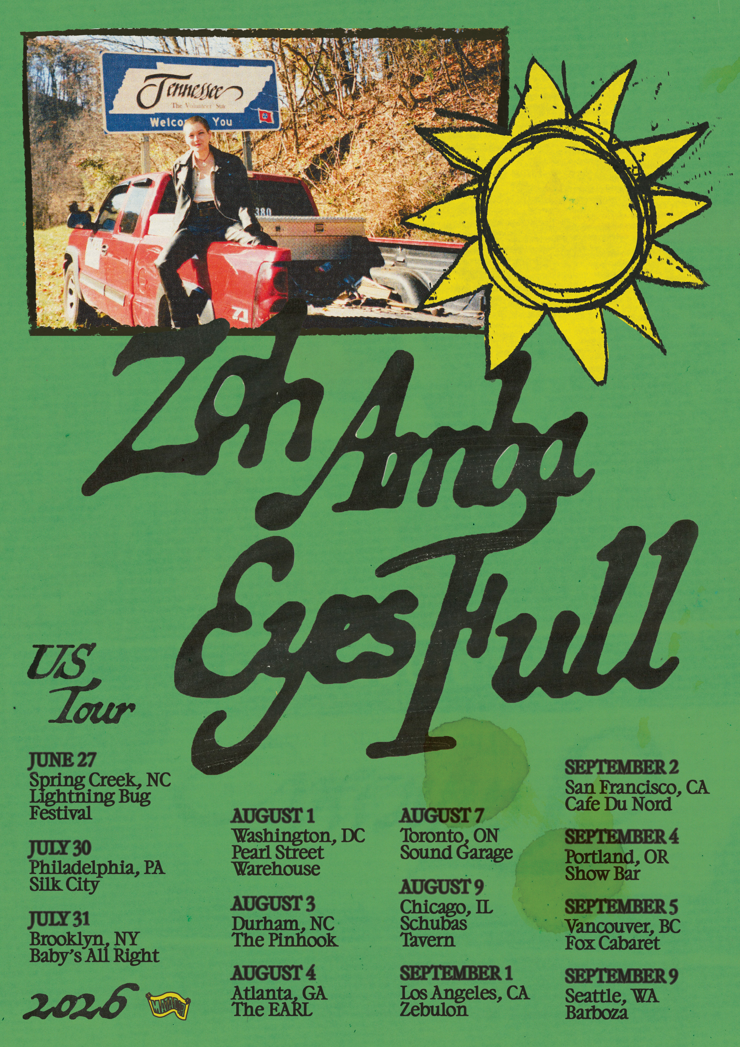 Green tour poster for Zoh Amba's Eyes Full US Tour 2026, featuring a photo by a Tennessee sign and tour dates listed.