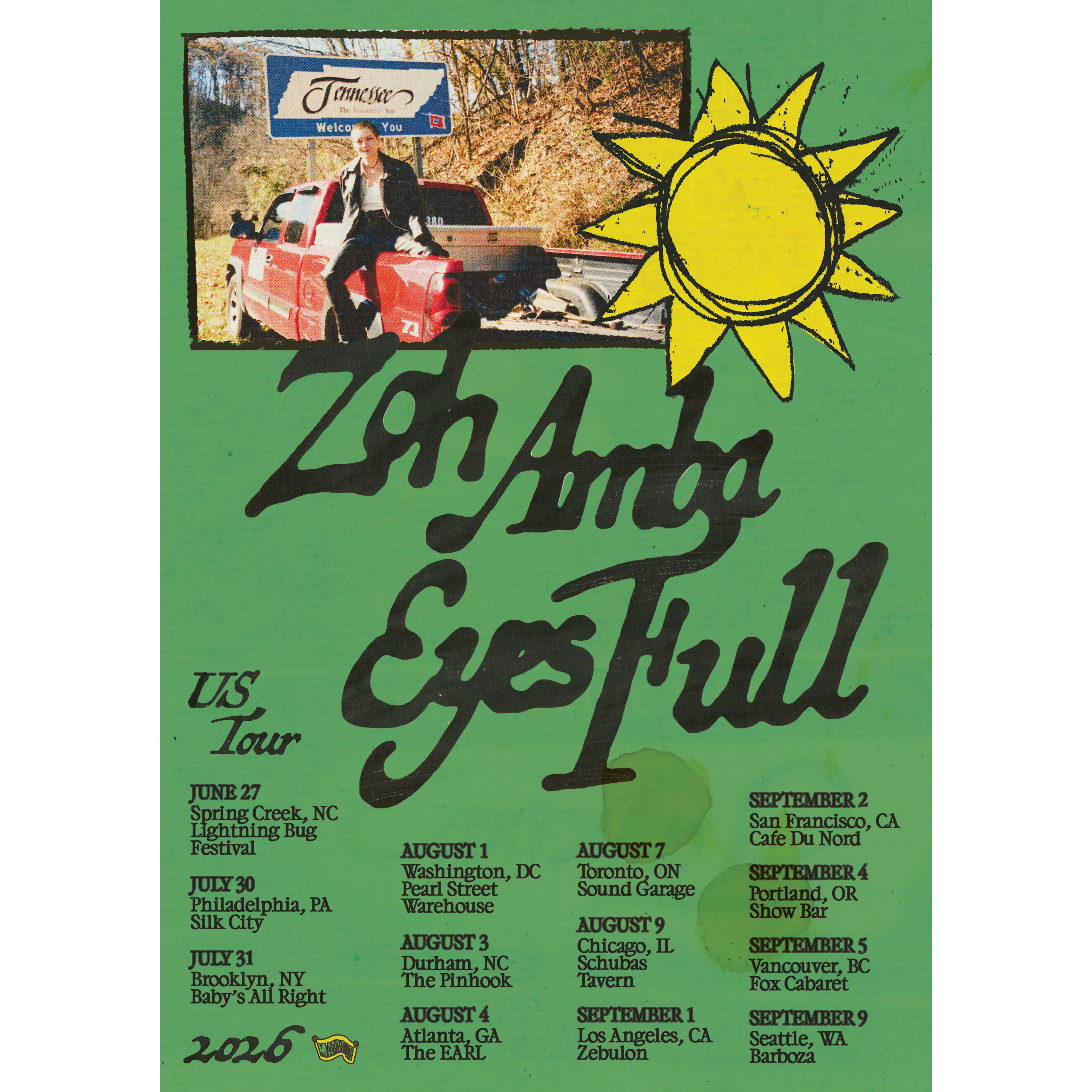 Green tour poster for Zoh Amba's Eyes Full US Tour 2026, featuring a photo by a Tennessee sign and tour dates listed.