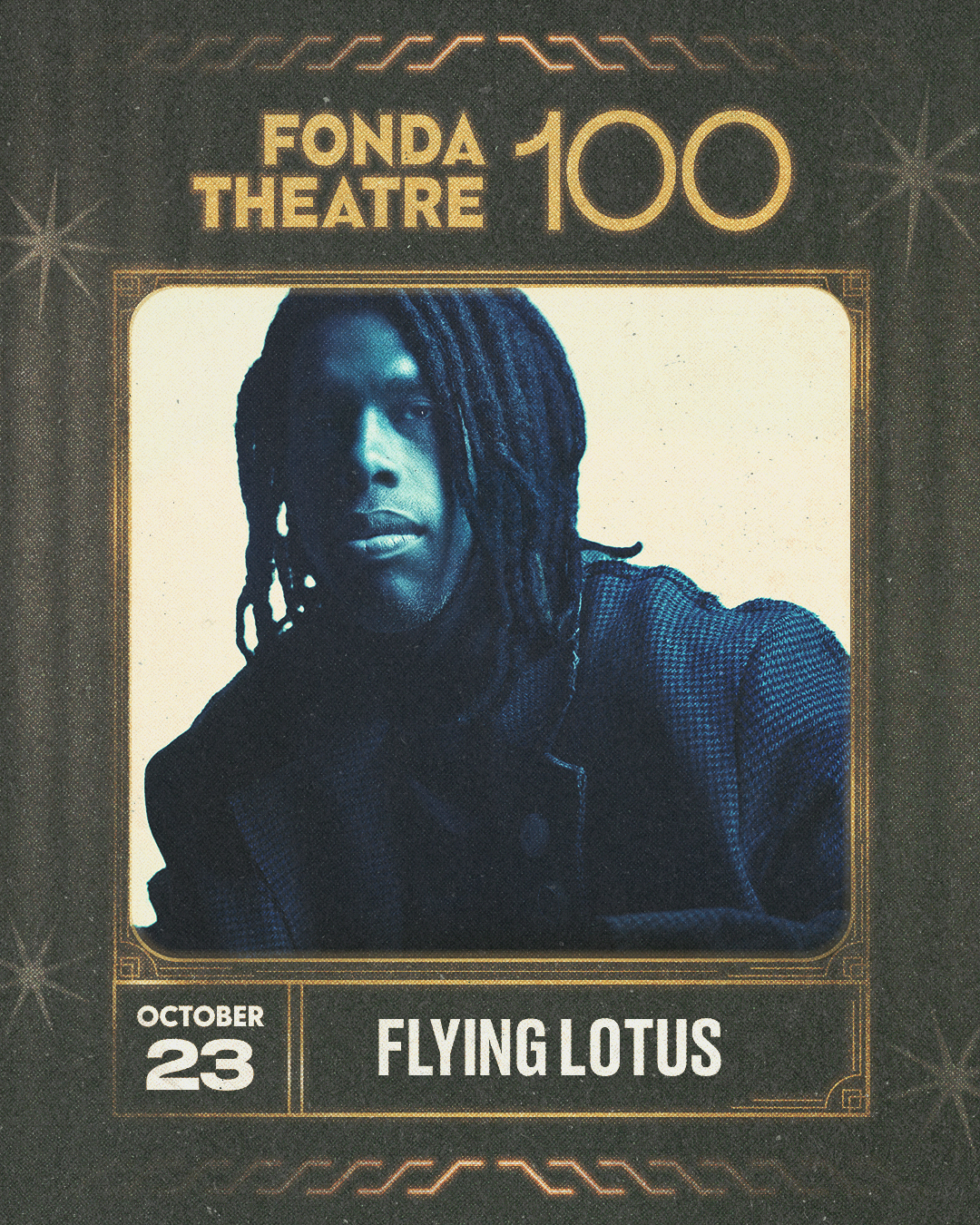 Flying Lotus concert poster for Fonda Theatre 100th anniversary, featuring a blue-toned portrait of the artist with dreadlocks, October 23.