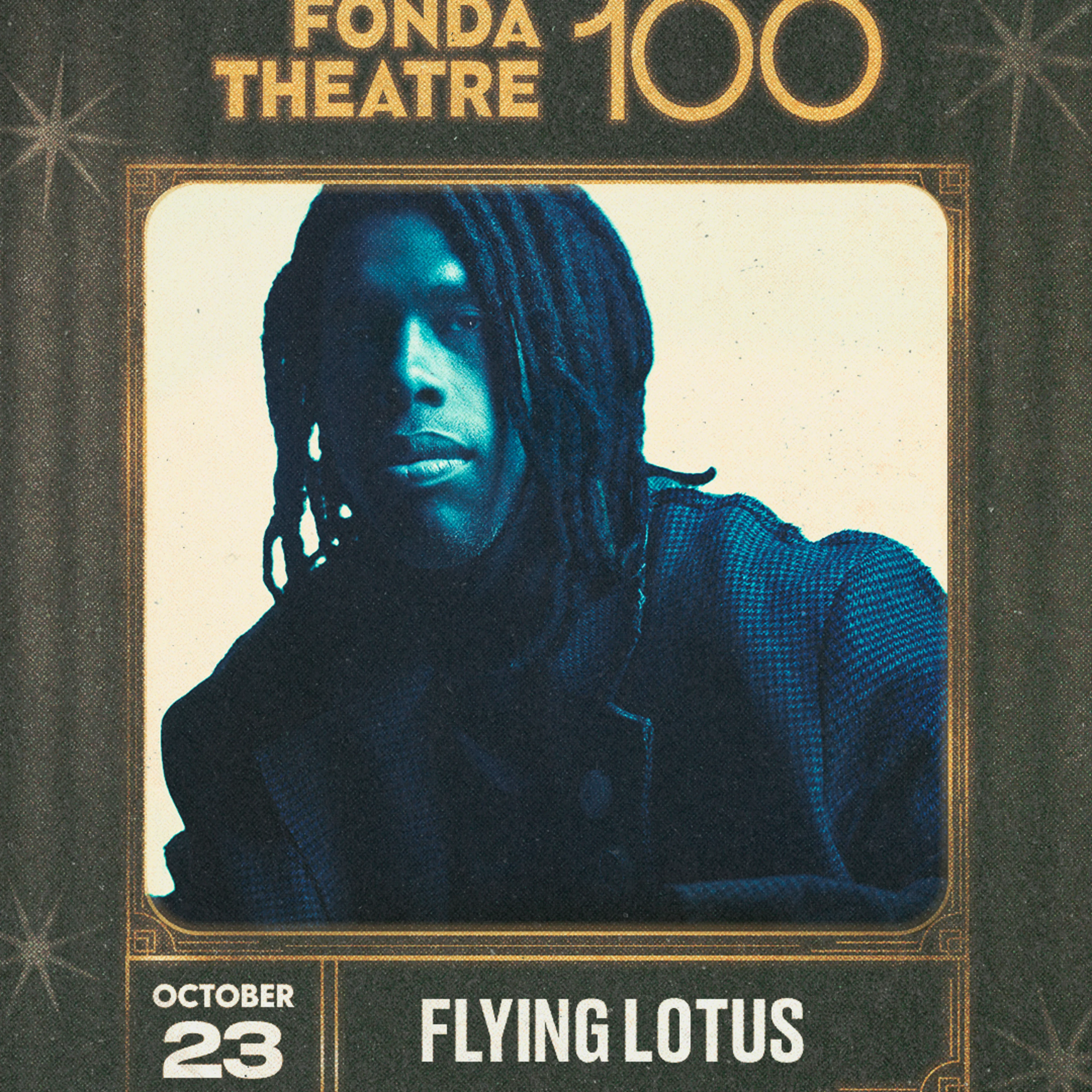 Flying Lotus concert poster for Fonda Theatre 100th anniversary, featuring a blue-toned portrait of the artist with dreadlocks, October 23.