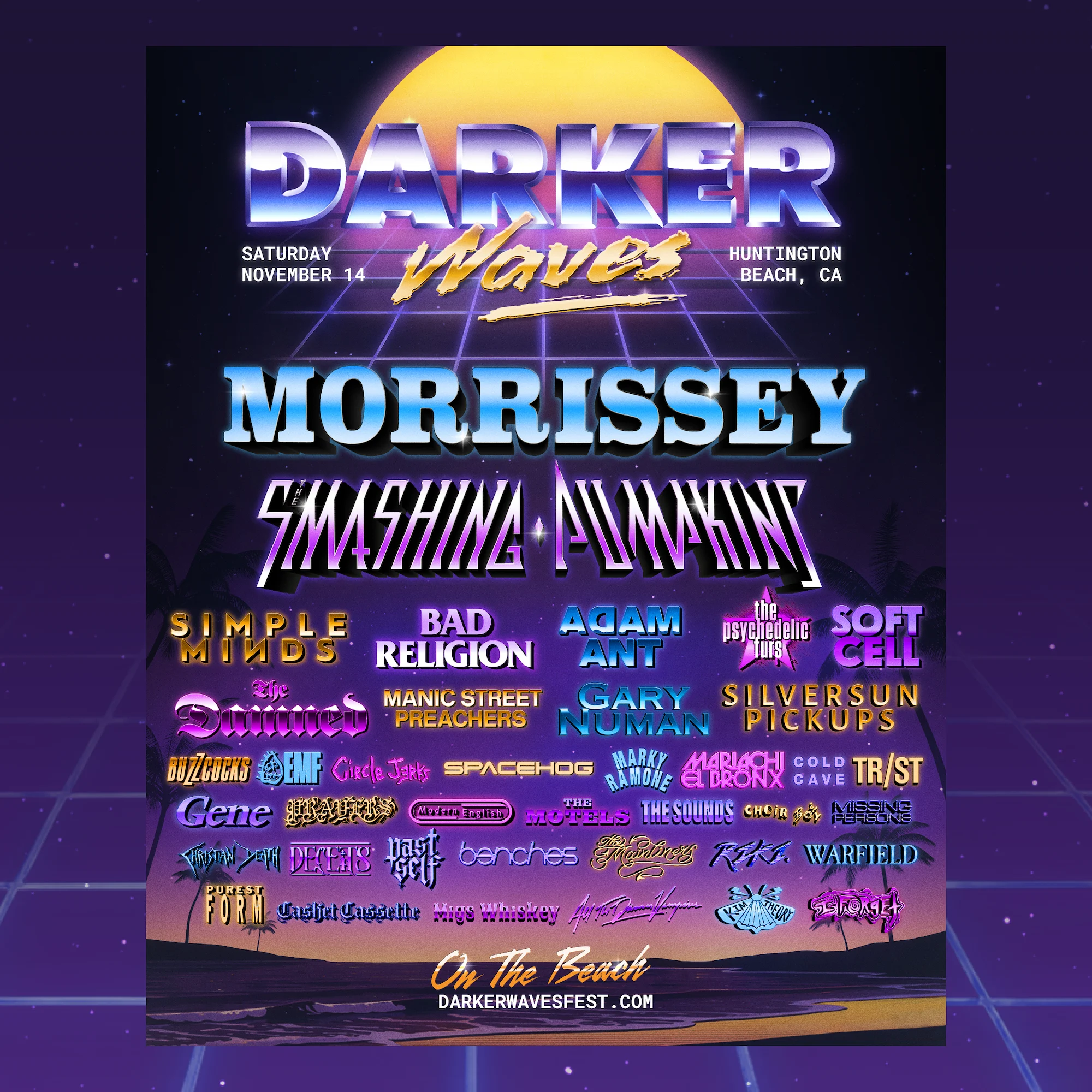 Darker Waves festival poster featuring Morrissey and Smashing Pumpkins, Saturday November 14, Huntington Beach, CA.