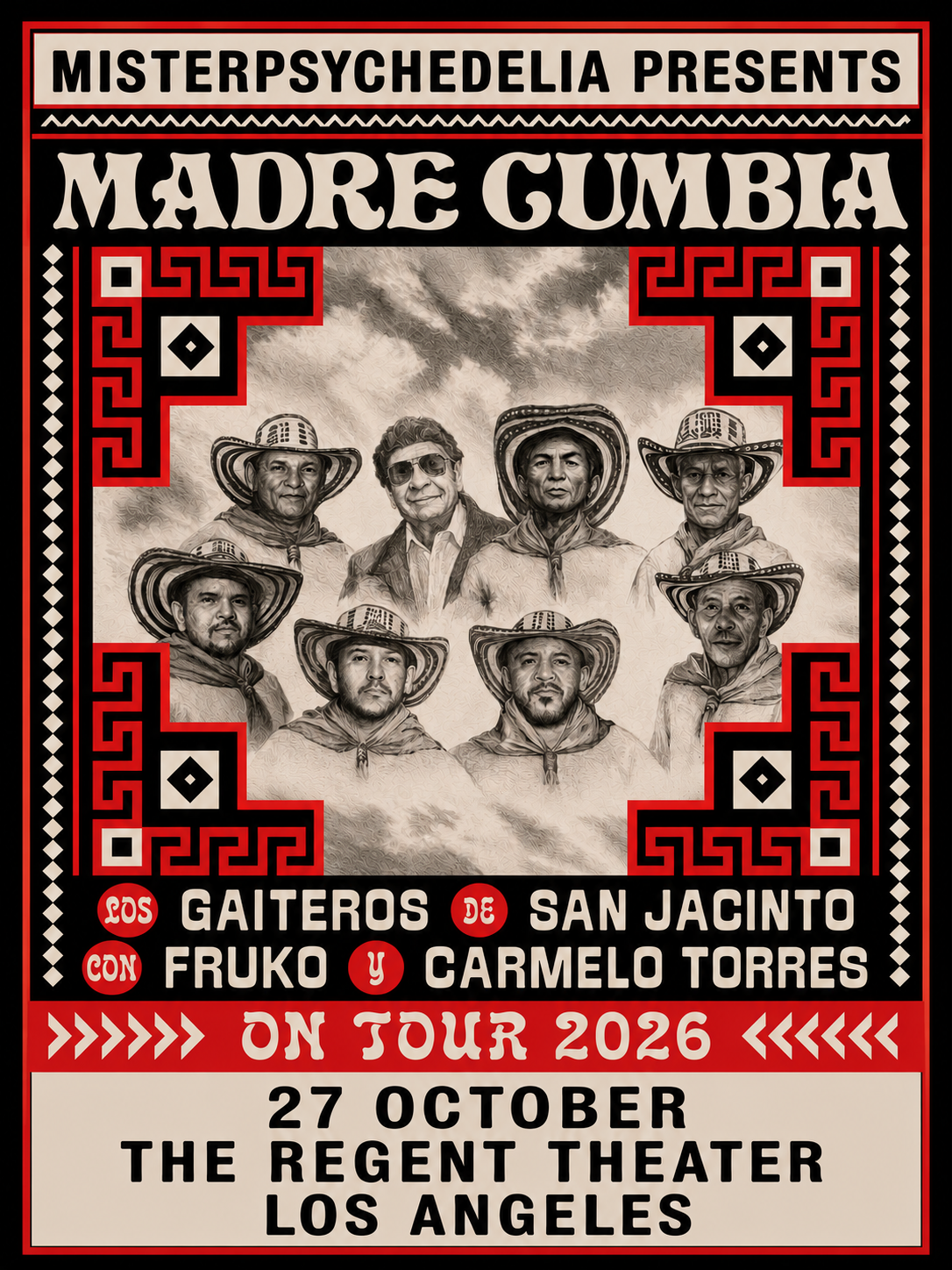 Concert poster for Madre Cumbia featuring seven musicians, October 27, 2026, The Regent Theater, Los Angeles.