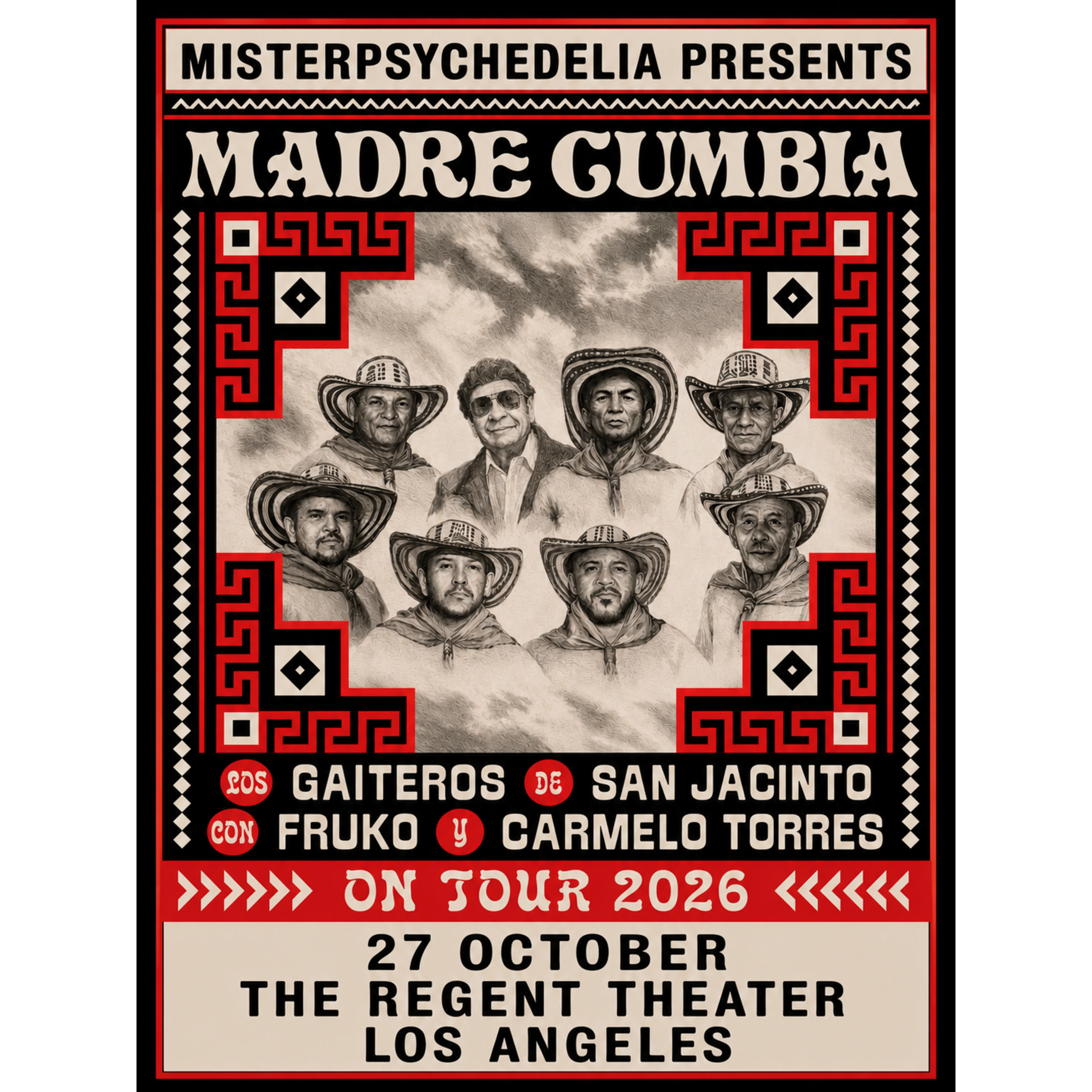 Concert poster for Madre Cumbia featuring seven musicians, October 27, 2026, The Regent Theater, Los Angeles.