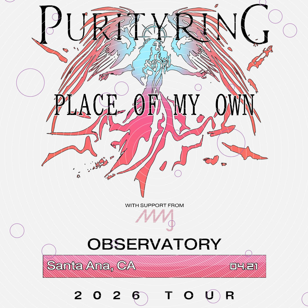 Purifying "Place of My Own" concert poster with pink and blue winged design for 2026 tour at Observatory in Santa Ana, CA on 04.21