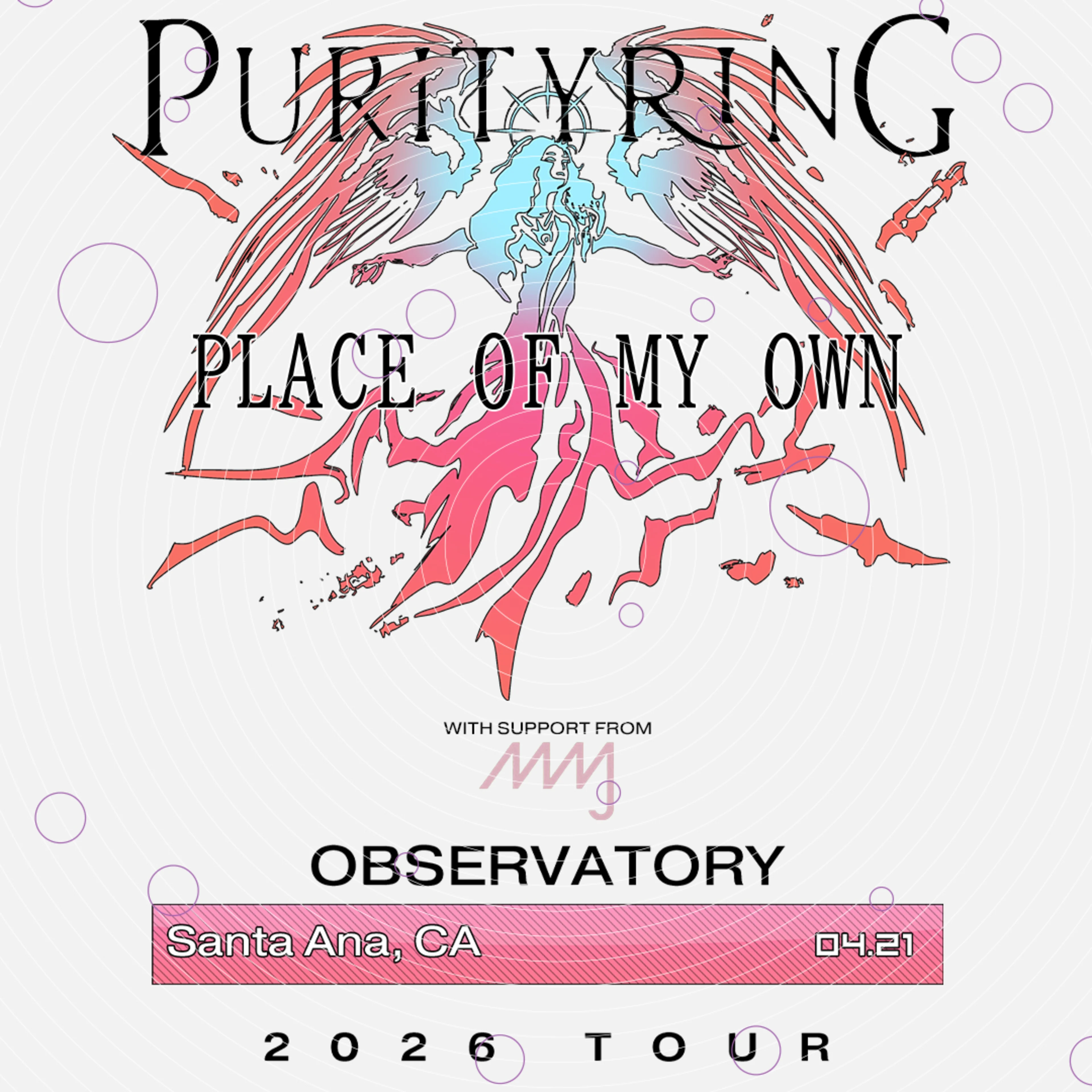 Purifying "Place of My Own" concert poster with pink and blue winged design for 2026 tour at Observatory in Santa Ana, CA on 04.21