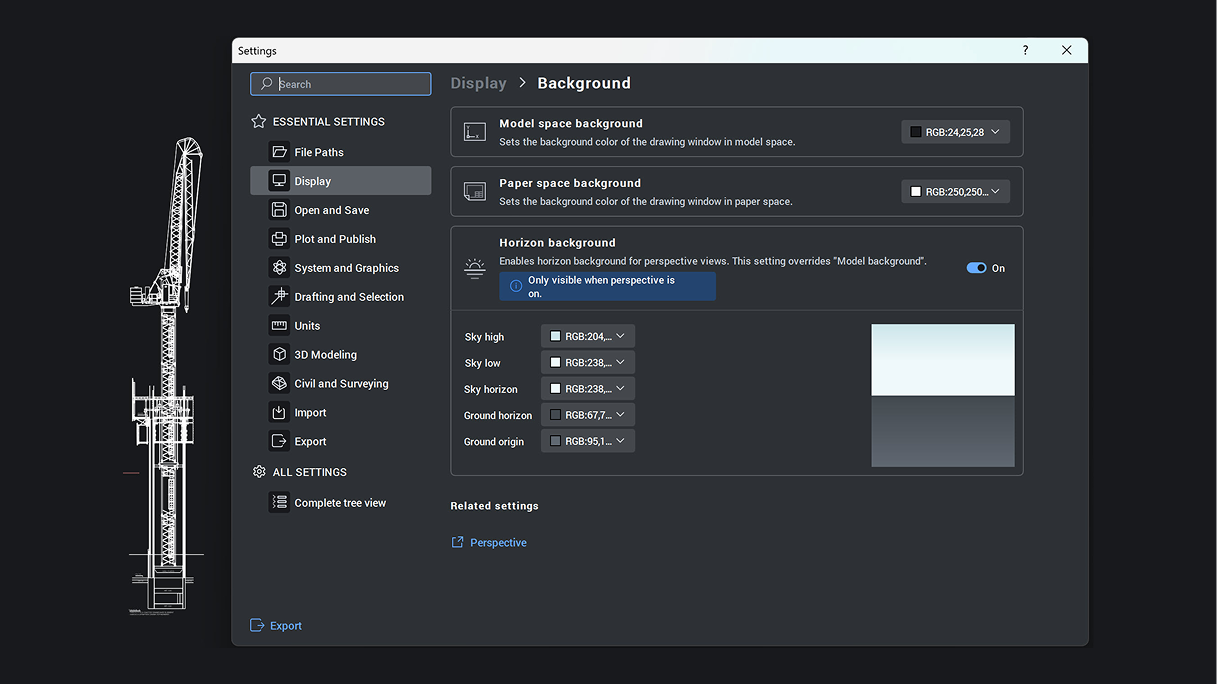 BricsCAD Settings panel showing Display Background options with horizon background color controls enabled.