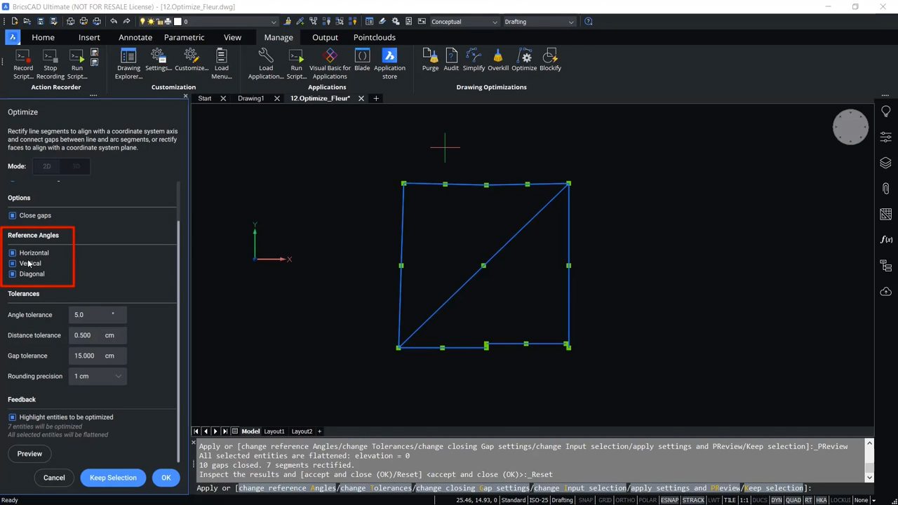 How to use OPTIMIZE 2D command in BricsCAD 4,09