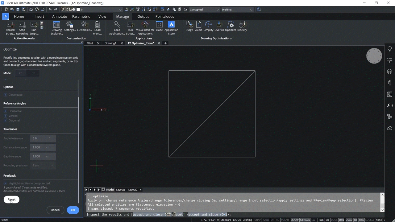 How to use OPTIMIZE 2D command in BricsCAD 6,07-6,09