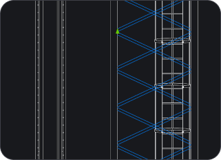 CAD drawing showing vertical structural elements with diagonal bracing patterns highlighted in blue on a dark background.