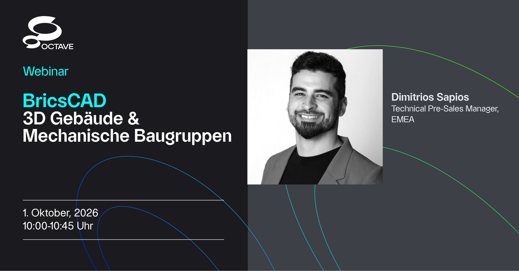 3D Gebäude & Mechanische Baugruppen Webinar banner for BricsCAD Building and Maintenance Oct1, 2026, featuring speaker Dimitrios Sapios, Technical Pre-Sales Manager, EMEA.