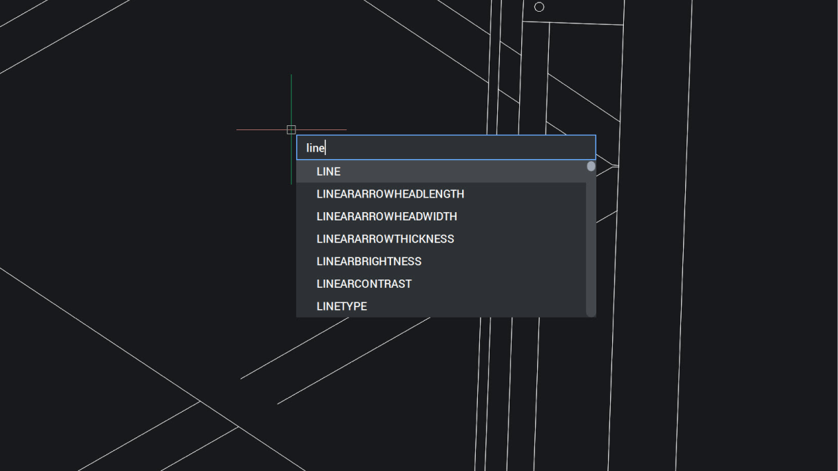 Dynamic input at cursor - Visual BricsCAD interface showing a command autocomplete dropdown with "line" typed, suggesting LINE and related commands.