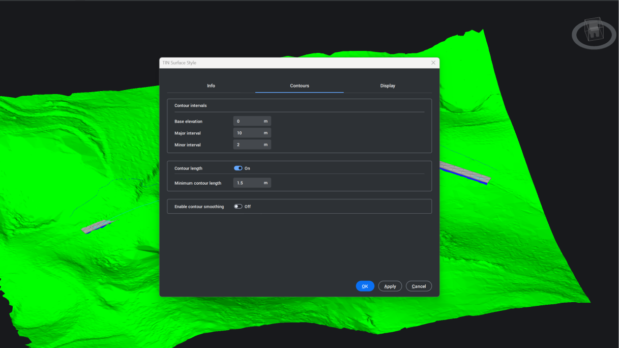 BricsCAD TIN Surface Style dialog showing Contours tab with interval and smoothing settings over a 3D terrain model.