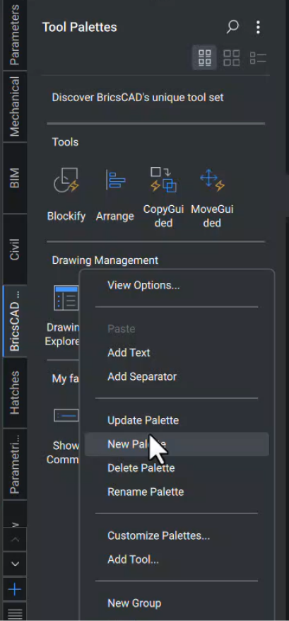 BricsCAD Tool Palette New Palette