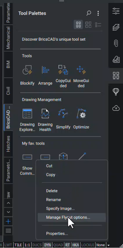 BricsCAD Tool Palette Flyout
