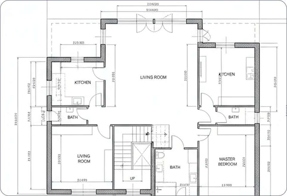 CAD floor plan drawing of a house showing rooms including living room, kitchen, bathrooms, and master bedroom with dimensions.