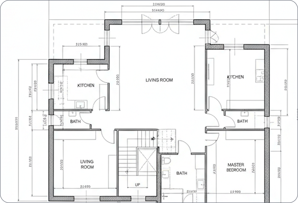 What are construction drawings? - Visual CAD floor plan drawing of a house showing rooms including living room, kitchen, bathrooms, and master bedroom with dimensions.