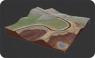 3D terrain model showing an open-pit mine with winding roads, contour lines, and geological layers on a dark background.