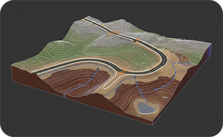 3D terrain model showing an open-pit mine with winding roads - V27 Banner visual 3D terrain model showing an open-pit mine with winding roads, contour lines, and geological layers on a dark background.