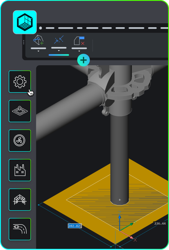 3rd party Applications- dark BricsCAD interface showing a 3D model of a mechanical pipe assembly with a yellow base plate and toolbar icons.