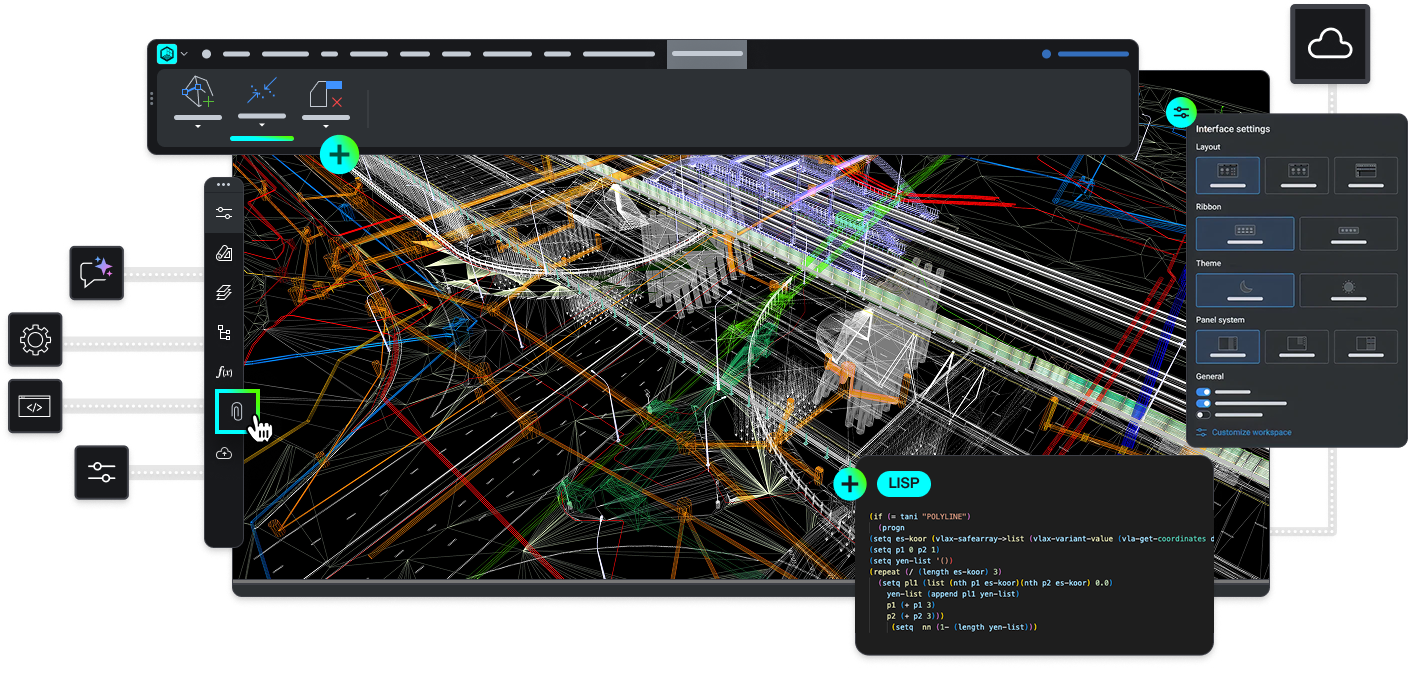 BricsCAD interface showing a complex 3D infrastructure model with LISP code panel and interface settings sidebar visible.
