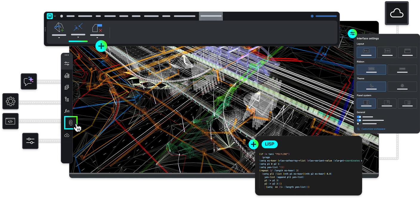 The open CAD platform built to scale across industries - visual BricsCAD interface showing a complex 3D infrastructure model with LISP code panel and interface settings sidebar visible.