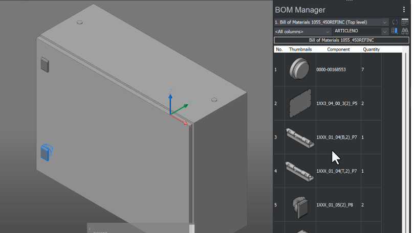 Working with CAD data from multiple platforms BricsCAD interface showing a 3D electrical cabinet model alongside the BOM Manager panel listing components and quantities.