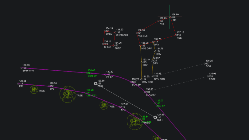 Accelerate survey mapping with Auto Mapping BricsCAD CAD interface showing a civil engineering network drawing with labeled nodes, elevation points, and utility connections.
