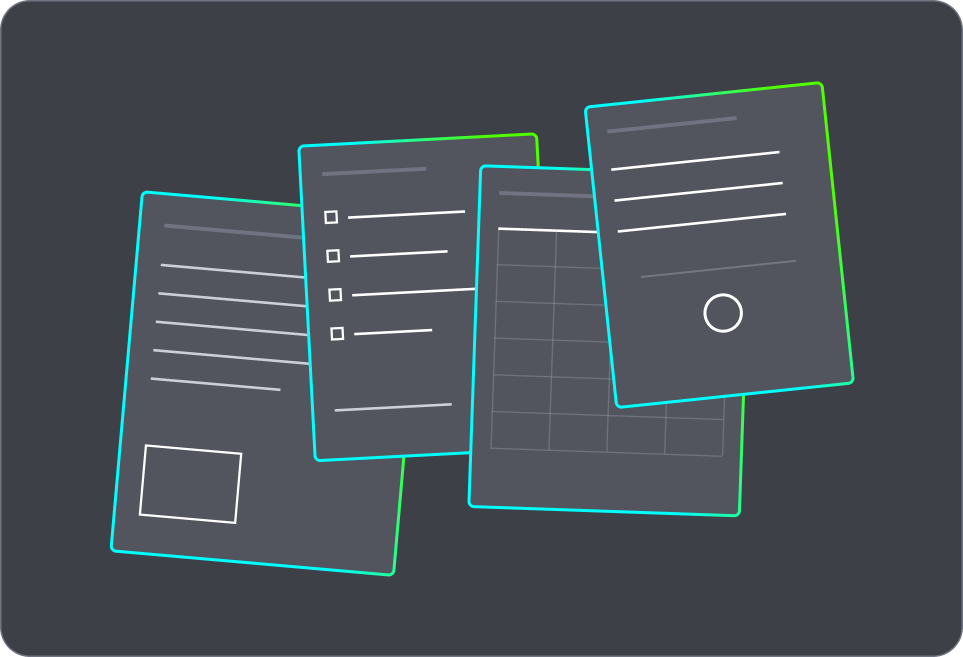 Four stylized document cards with cyan and green borders, showing text lines, checkboxes, a grid, and a circle icon.