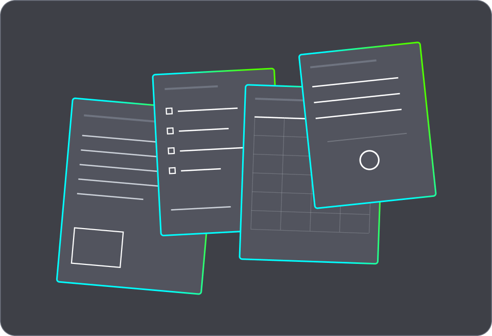 Types of construction documents - Visual Four stylized document cards with cyan and green borders, showing text lines, checkboxes, a grid, and a circle icon.