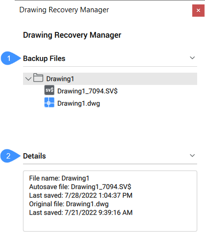 BricsCAD Drawing recovery manager panel