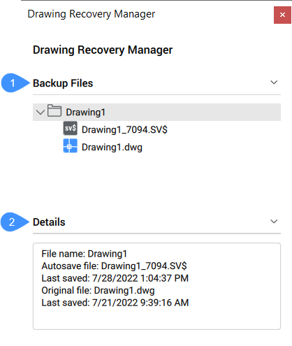 BricsCAD Drawing recovery manager panel