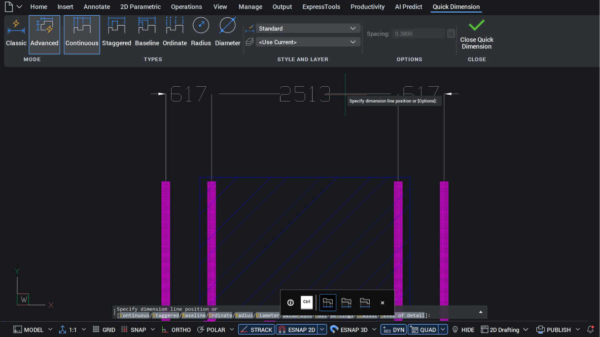 BricsCAD interface showing the Quick Dimension tool applied to a 2D structural drawing with columns and dimension lines.