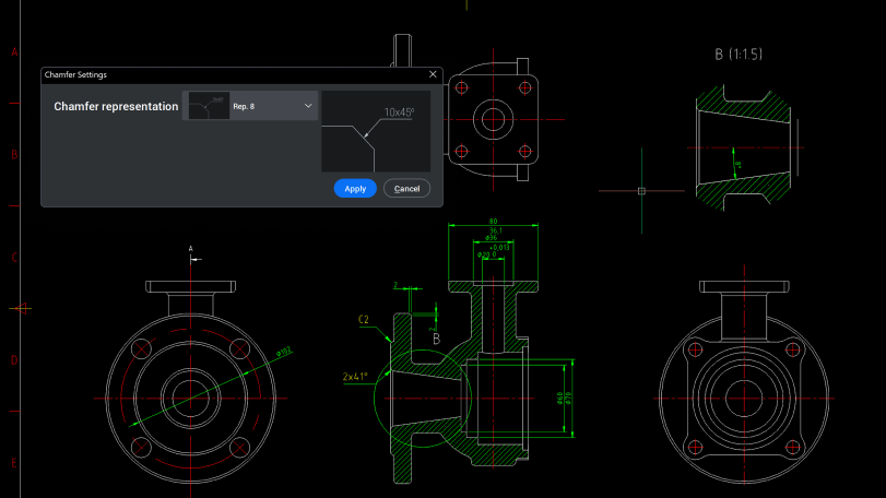 BricsCAD interface showing a mechanical valve drawing with a Chamfer Settings dialog open, displaying chamfer representation options.