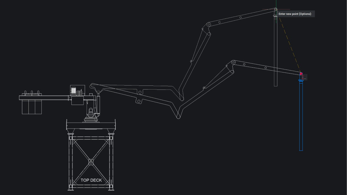 BricsCAD interface showing a 2D CAD drawing of a marine crane on a top deck structure with an "Enter new point" prompt.