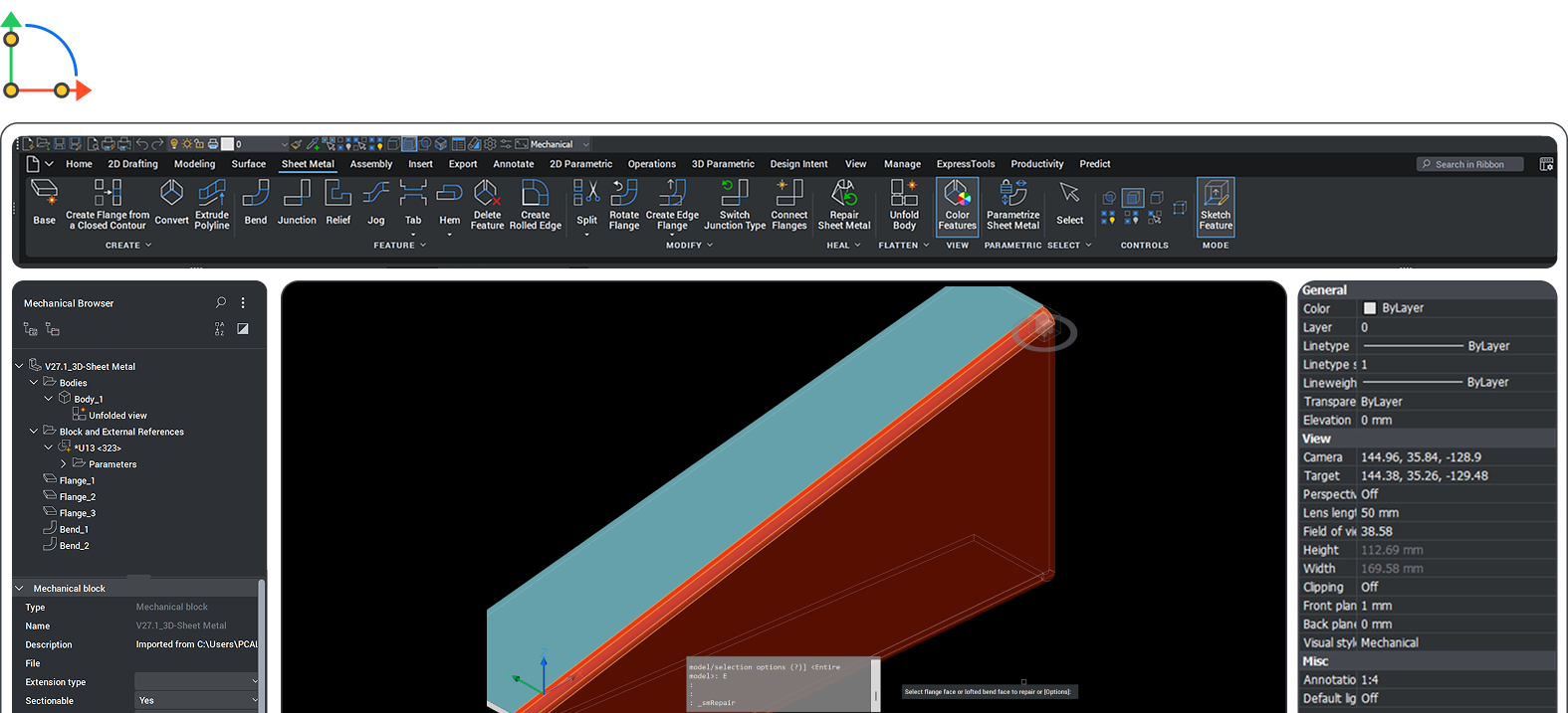 BricsCAD interface showing a 3D sheet metal model of a cable raceway base with flanges and bends listed in the browser.