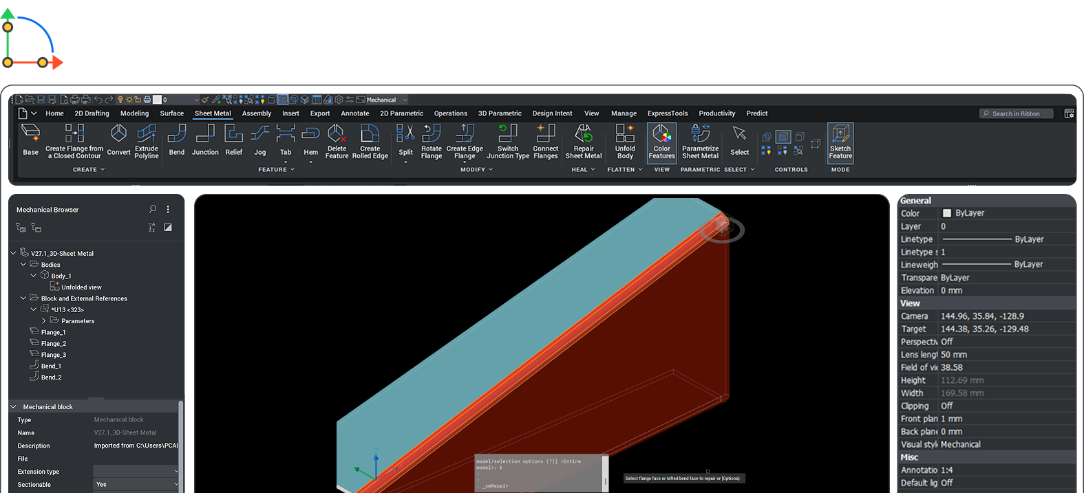 Mechanical tools - Dark BricsCAD interface showing a 3D sheet metal model of a cable raceway base with flanges and bends listed in the browser.