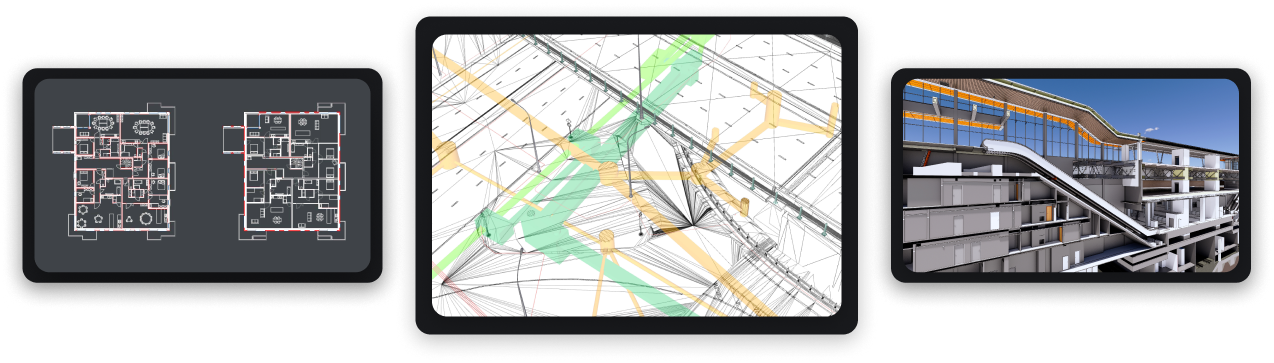 Three BricsCAD screens: 2D floor plans, a complex site map drawing, and a 3D architectural building model.