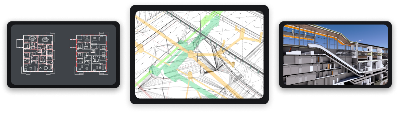What is BricsCAD - Banner images Three BricsCAD screens: 2D floor plans, a complex site map drawing, and a 3D architectural building model.