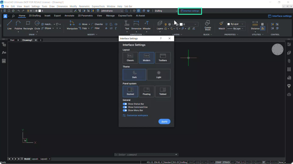 Interface settings bricscad 1