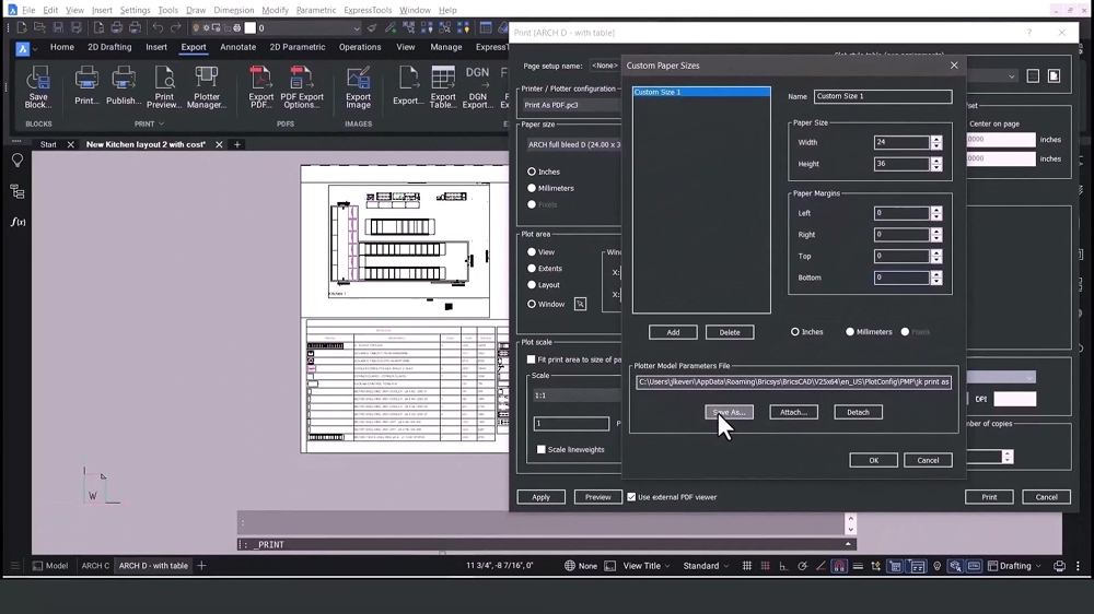 Print drawing margins center page