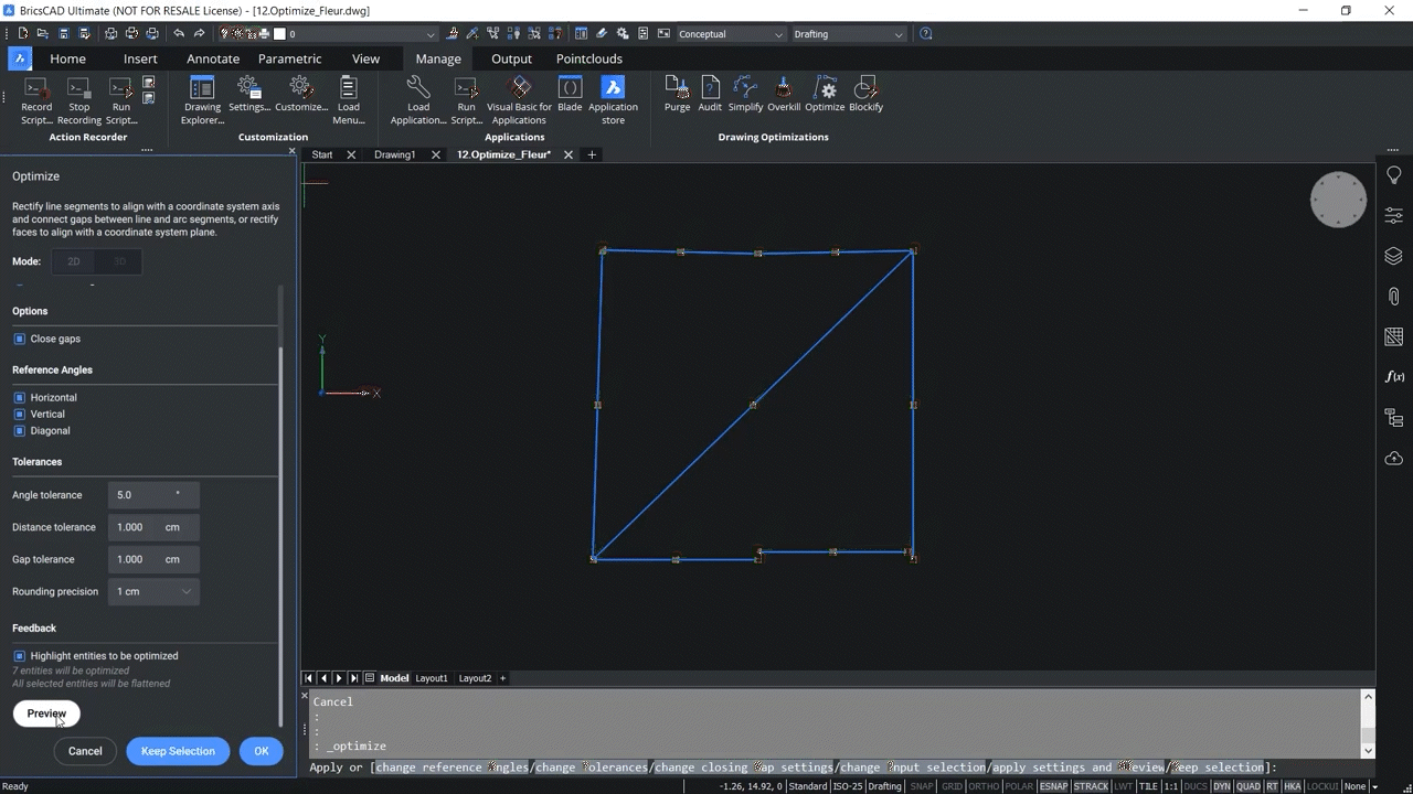 How to use OPTIMIZE 2D command in BricsCAD 5,45-5,50