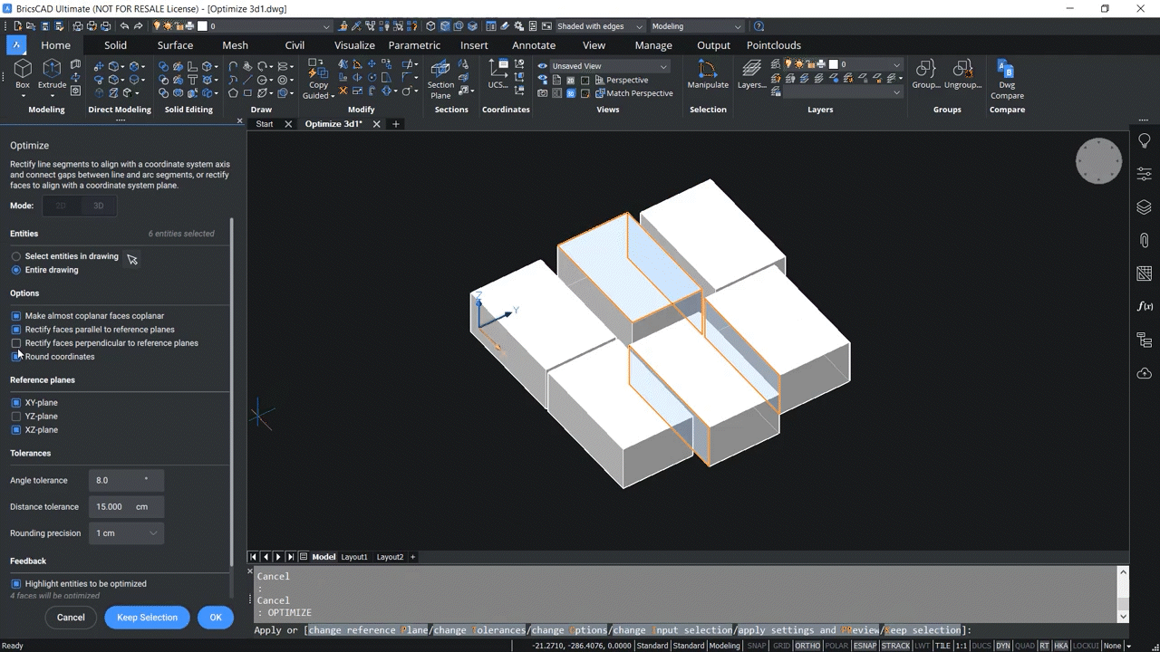 How to use OPTIMIZE 3D command in BricsCAD 5,53-5,58